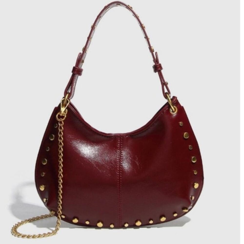 Studded Chain Strap Shoulder Bag Retro Dark Red